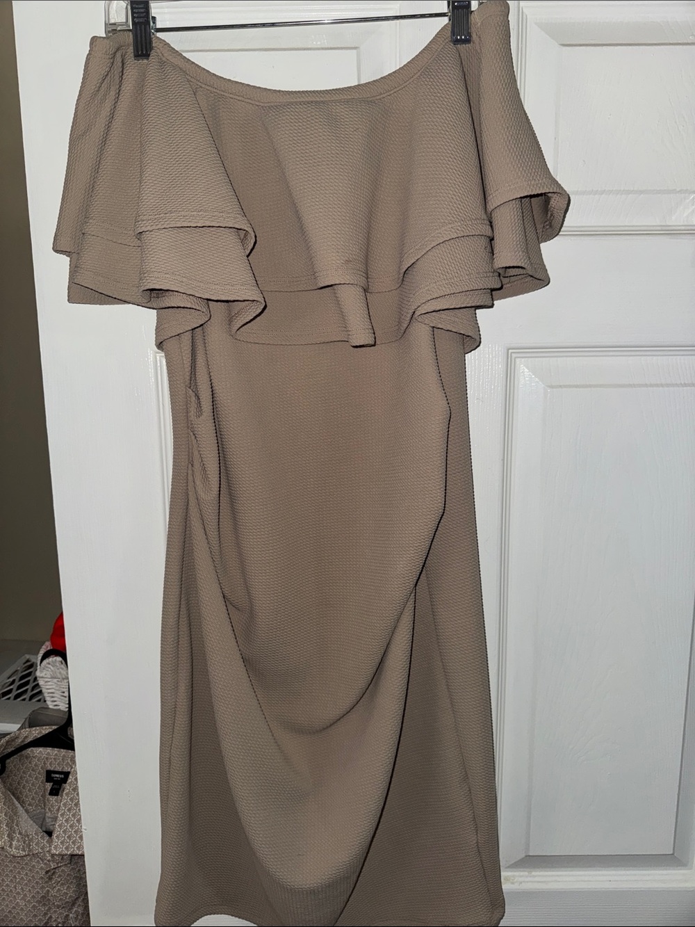 Maternity Off-Shoulder Ruffle Midi Dress in Taupe